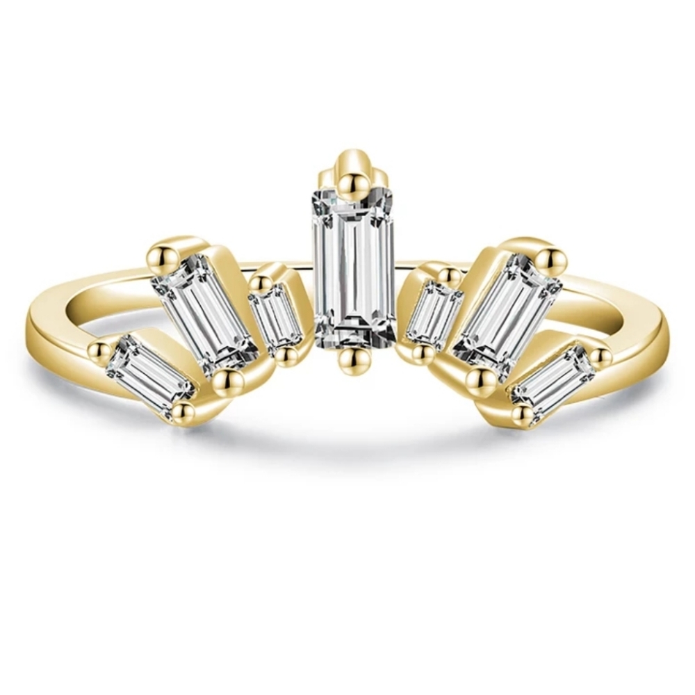 Yellow Gold Sterling Silver Zircon Diamonds Crown Ring Enhancer Emerald Cut